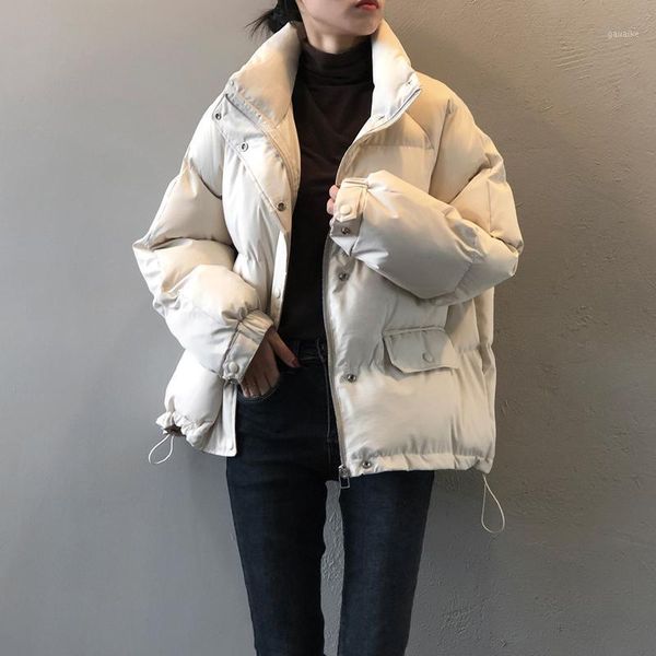 

winter new fashion woman cotton down jacket long sleeve solid white ladies loose coats warmly 1, Black