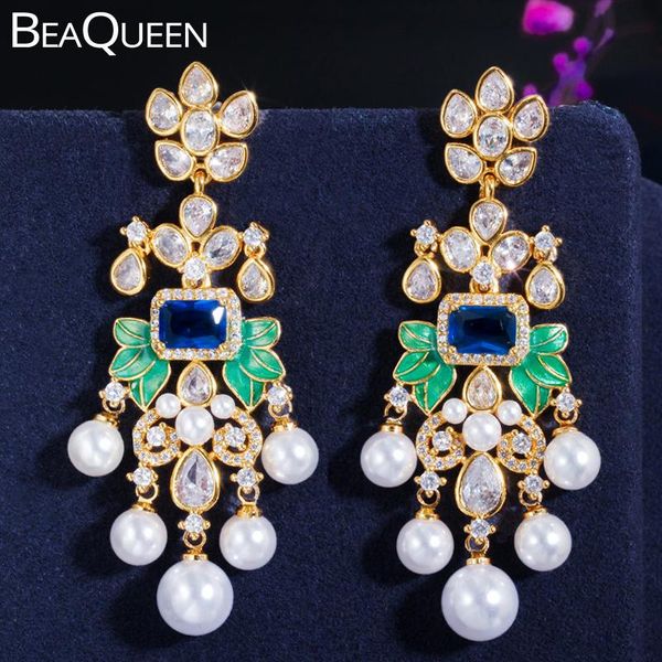 

dangle & chandelier beaqueen stunning cubic zirconia stones paved blue crystal long drop bridal pearl earrings for wedding e353, Silver