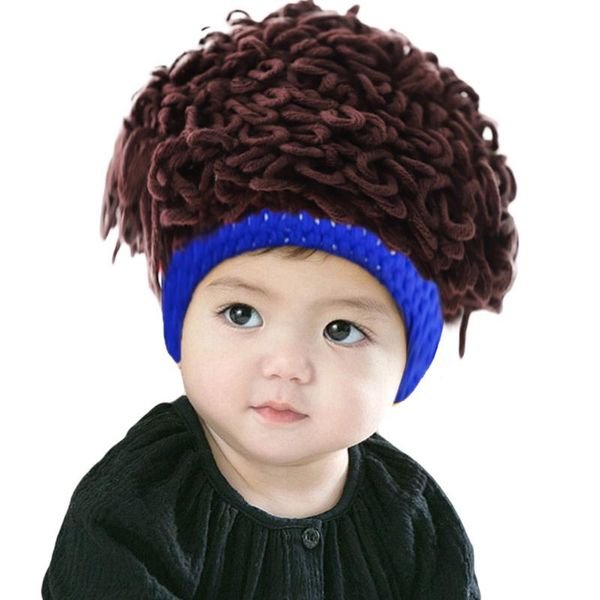 

1pcs baby boy girls autumn and winter fashion wig wool hedging trendy funny personality knitted hat keep warm in winter hat, Blue;gray