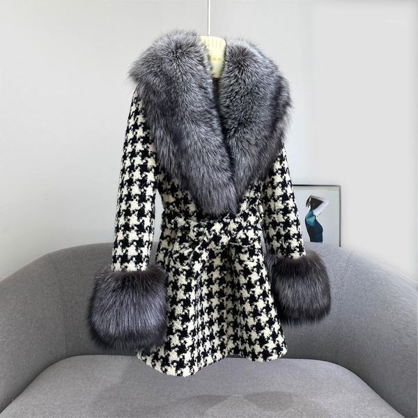 

2020 stitching women fashion fur collar wool coat jacket with belt female young trend 76cm, Black