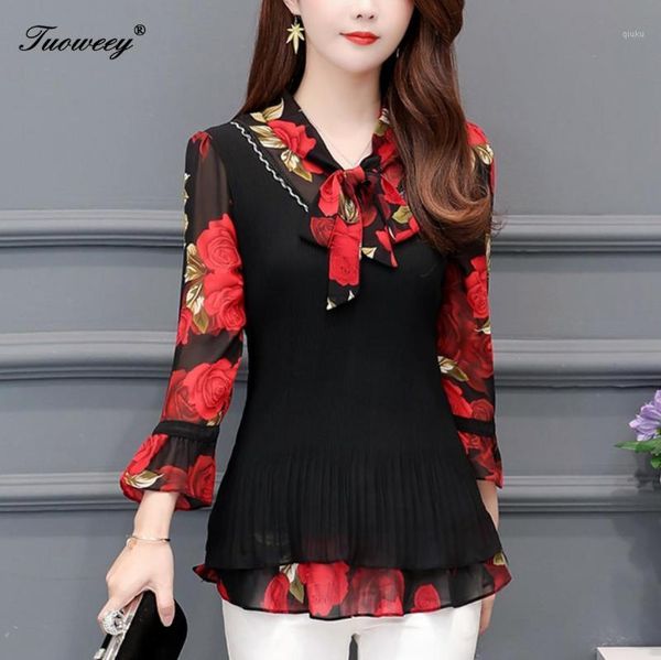 

5xl plus size women blouses 2020 fashion autumn bow collar 3/4 sleeve floral shirt female casual blusas femininas elegante1, White