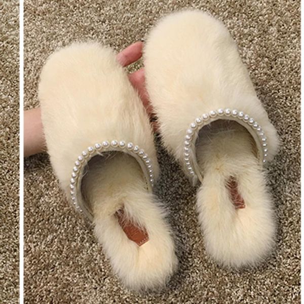 

slippers winter fairy beads fur mules femme furry slides 2021 cozy warm plush shoes for women sandals pearl cover toe, Black