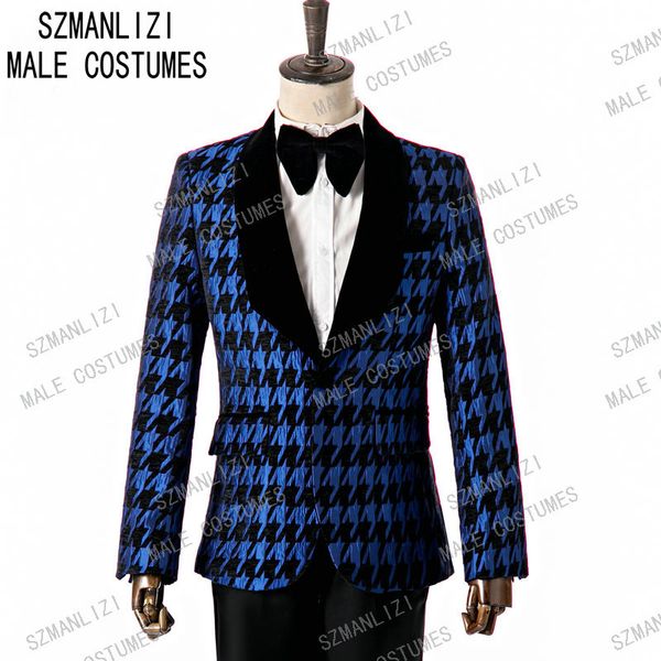 

szmanlizi 2020 custom morning design dinner party suit blue houndstooth groom wedding men suit blazer slim fit man tuxedo, Black;gray