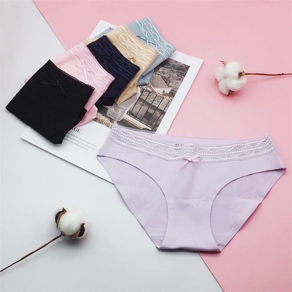 

6 pcs/lot seamless underwear womens solid color lace cotton briefs panties 0918 201112, Black;pink