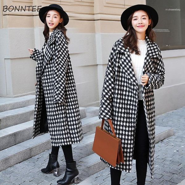 

blends women black all-match korean thicker ladies long coats winter outwear womens harajuku casual retro plaid11