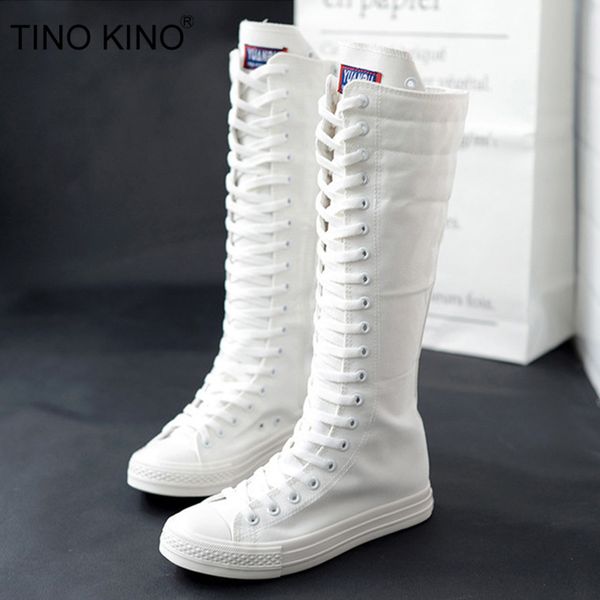 

tino kino women canvas lace up autumn knee high boots cross tied zip plus size ladies flat shoes female fashion casual sneaker c1023, Black