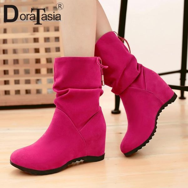 

boots doratasia female round toe wedges flock winter 2021 brand women fashion casual daily ankle shoes woman1, Black