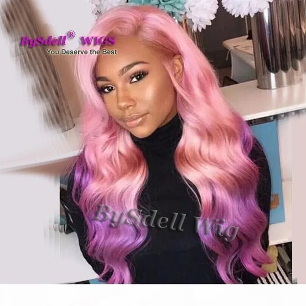

new arrival premium natural two tone pink ombre purple color hair wig synthetic lace front wig with big fringe real picture wig, Black