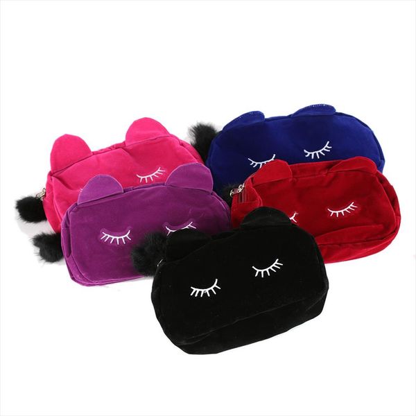 

2020 portable cartoon cat makeup bag coin storage case travel makeup flannel pouch cute cosmetic bag cases for women girls