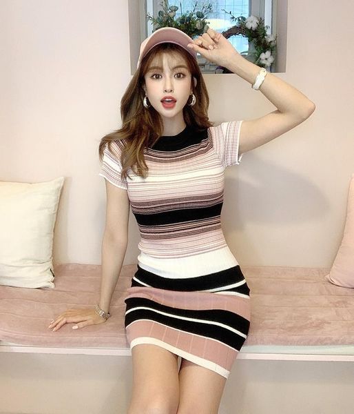 

summer autumn womans shirt dresses sweater dress women above knee short sleeve stripe knit sheath mini dress female, Black;gray