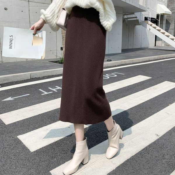 

antumn women stretch elastic high waist knitting maxi skirts office lady soild ribbed knitted long straight skirt saias t2641, Black