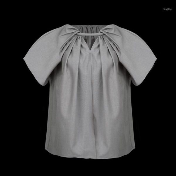 

women t-shirt spring / summer 2020 new t-shirt ring-shaped pleated neckline white short-sleeved1