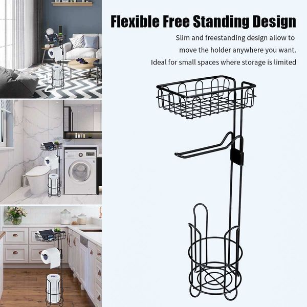 Metal Floor Standing Paper Roll Towel Holder Stand Organizer Toilet Paper Rack Bathroom Hardware Vertical Storage Basket Black LJ201204