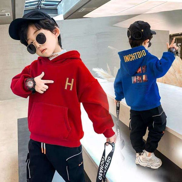 

plush hooded boys' baby sweater autumn thickened and winter wear 2020 new middle school children's underpants fashion, Black