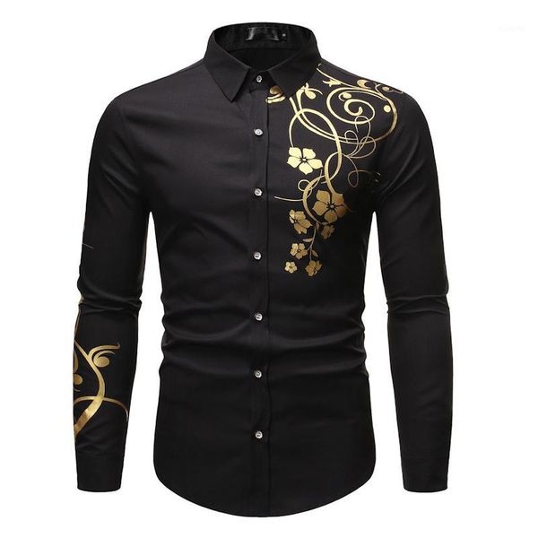 

shiny gold floral shirt men business casual chemise homme 2020 fashion slim fit long sleeve mens dress shirts black tuxedo shirt1, White;black