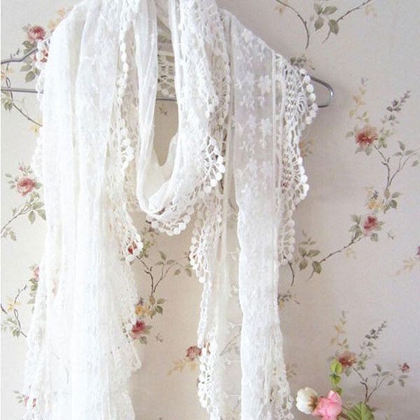 

shawls fashion women lady long scarf embroidery floral crochet mesh lace trim shawlscarf, Blue;gray