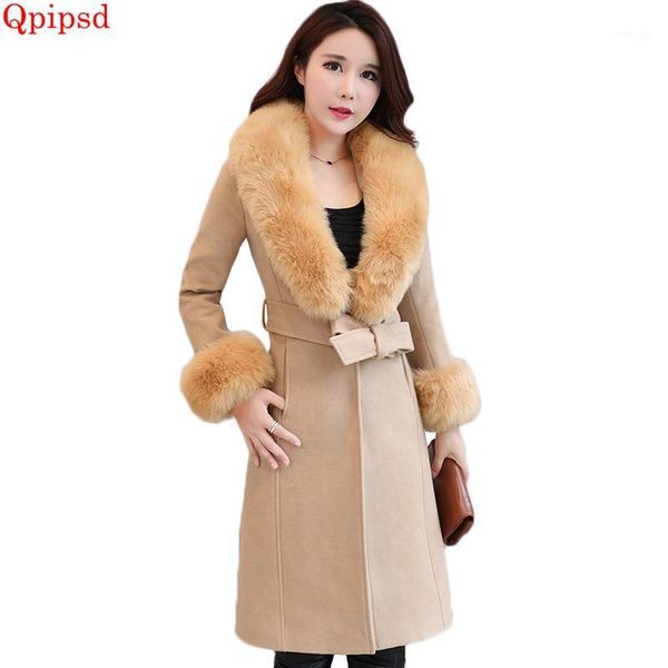 

korean large size loose woolen coat 2020 autumn winter big fur collar wool jacket womens long wool overcoat lady slim coats1, Black