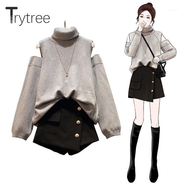 

two piece dress trytree autumn winter set casual turtleneck loose sweater + skirt mini button pockets office lady 2 piece1, White