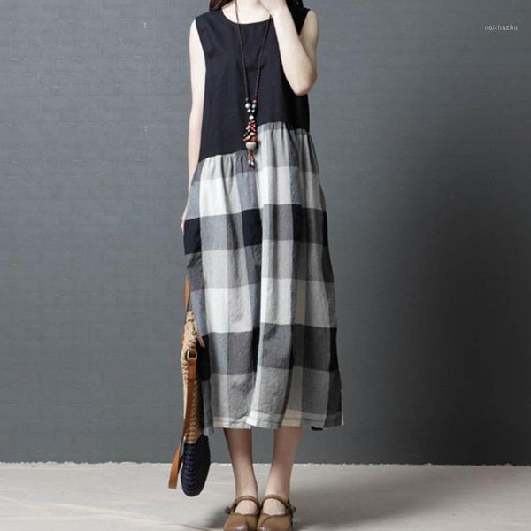

fashion women plus size dress summer ladies retro print elegant loose dress women sleeveless casual o-neck vestidos #31, Black;gray