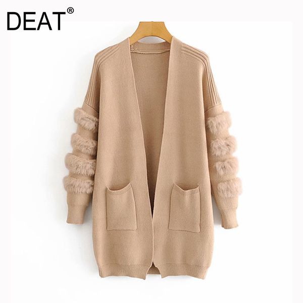 

[deat] plush pocket knitted cardigan sweater v-neck long sleeve women new fashion tide female outerwear chic 13t624 201030, White