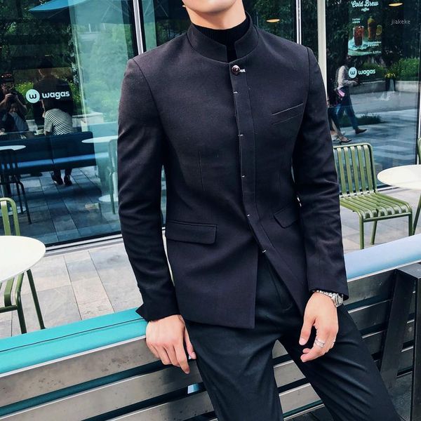 

2018 new men's self-cultivation business casual suit formalwear chinese stand collar tunic male youth groom dress1, White;black