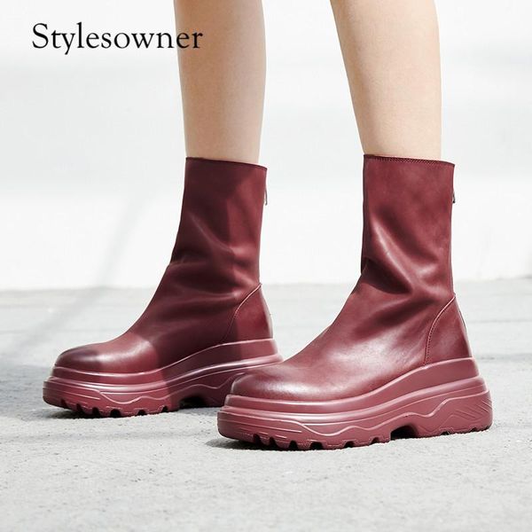 

stylesowner euramerican design real leather woman mid-boots autumn winter slip-on thick bottom platform flat female boots, Black
