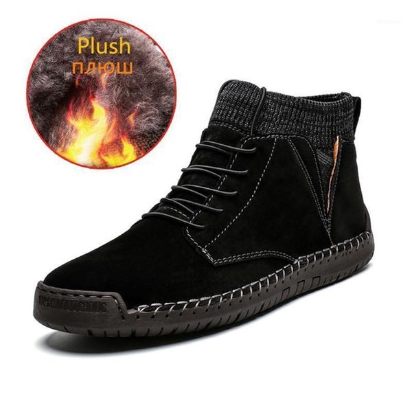

boots fashion leather men winter warm snow work shoes men's footwear rubber ankle size 481, Black