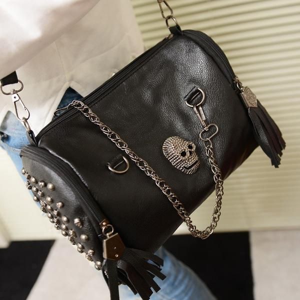 

skull fringed tassel rivet satchel versatile punk tote messenger shoulder bag