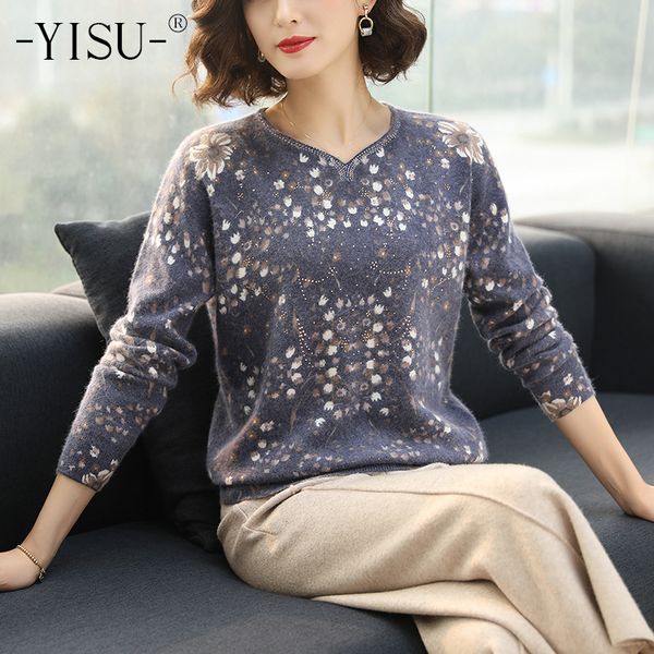 

yisu printed sweater pullovers women autumn winter sweater women loose long sleeves floral pattern knitted soft sweaters 201031, White;black