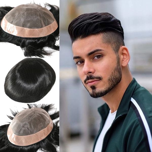 

mens real human hair replacement system black toupee natural hairline fine mono hairpieces unit durable poly coating