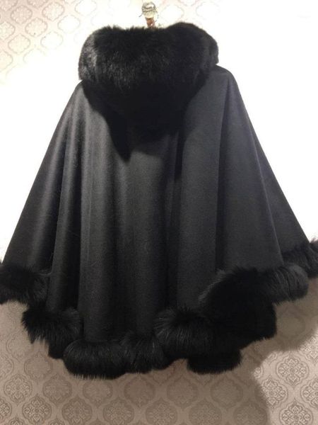 

100% wool shawl with natural fur collar bottom trimming with hood cape wrap furry winter autumn wedding luxurious white1, Black