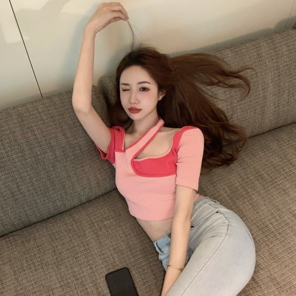 

pugdz ruifan's new summer stitching and t-shirt contrast design shows the collar boneslim sleeve slim short tvoov t-shirt and, White