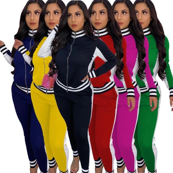 

women's tracksuits hhdmv 2021 spring women street casual style sets long sleeve zipper elastic pants striped two piece, Gray