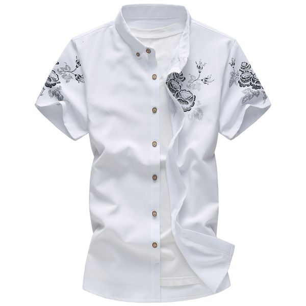 

7xl large size short sleeve 2019 summer new fashion boutique printed men's slim casual business shirt, White;black