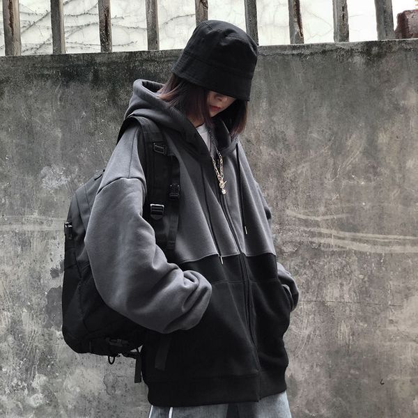 

women's winter retro stitched women's hoodie loose velvet zipper men's and sweatshirt women clothes for teens 201202, Black