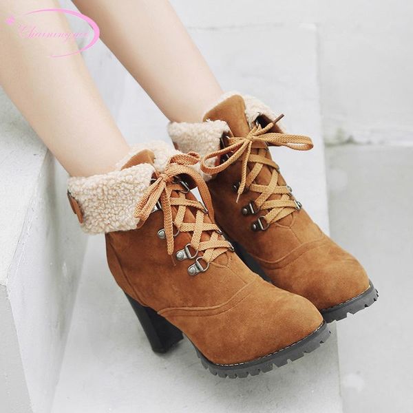 

boots european street style round head winter warm ankle fashion lace-up belt buckle high heel thick riding women's shoes, Black