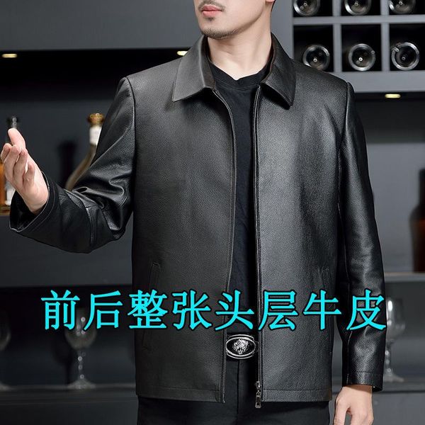 

leather leather male head layer cowhide middle-aged men's jacket lapels and wool garment in winter, Black