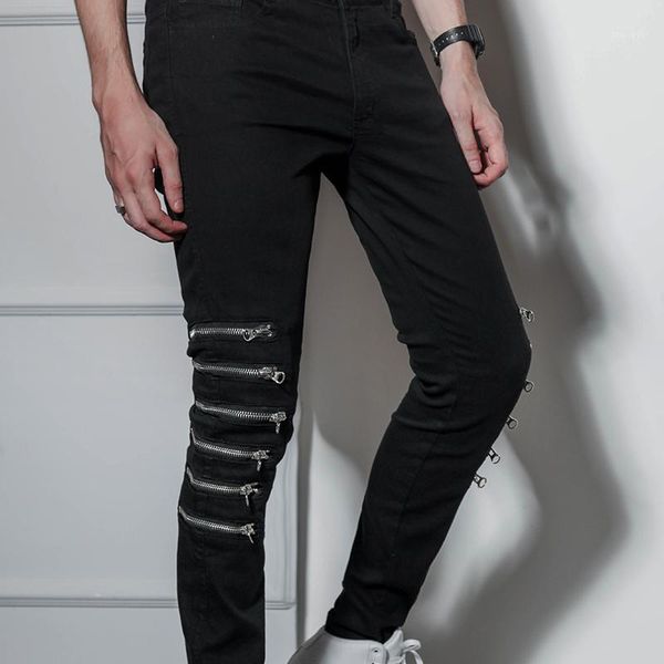 

skinny men's pants fashion trend korean slim slim feet stretch knee zipper size hip-hop jeans1, Black