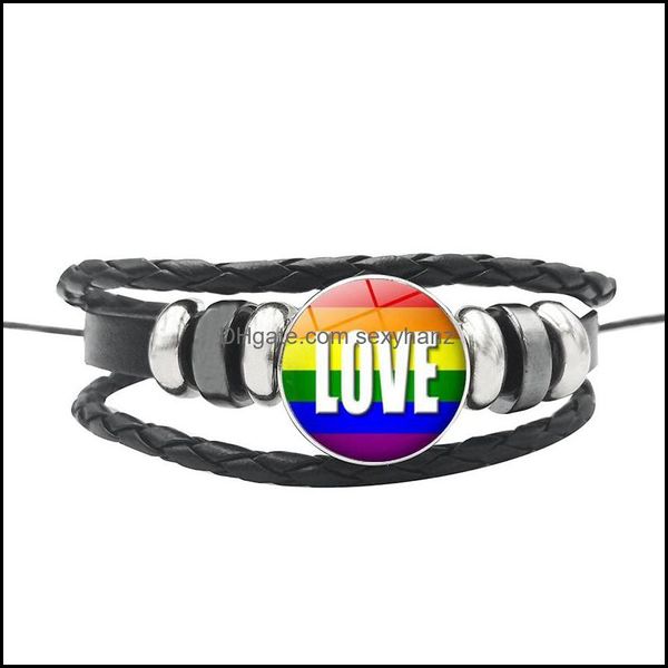 Perline, fili Bracciali Gioielli Arcobaleno Gay Lesbian Pride Bracciale con ciondoli Vetro Pelle Bottone a pressione Lgbt Accessori amore omosessuale Drop D