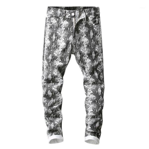 

fashion jeans casual trousers hip hop sweatpants sokotoo men's snake skin printed gray jeans slim fit stretch pencil pants1, Blue