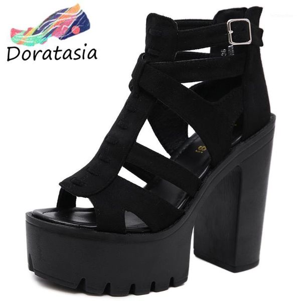 

doratasia women party casual dress shoes 2020 solid sandals women fashion platform buckle chunky heel sandals1, Black
