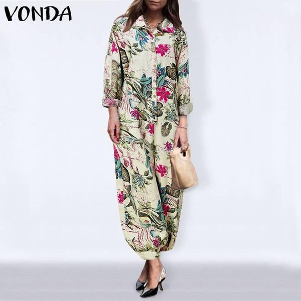 

elegant floral print rompers women's autumn jumpsuits 2021 vonda casual retro overalls long pants suspender female playsuits 5xl, Black;white