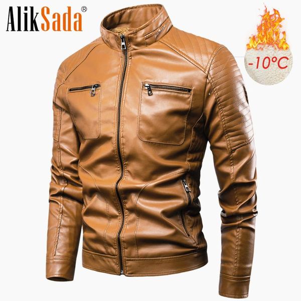 

men's fur & faux men autumn casual classic pockets fleece dressy leather jackets coat winter motor biker warm jacket, Black