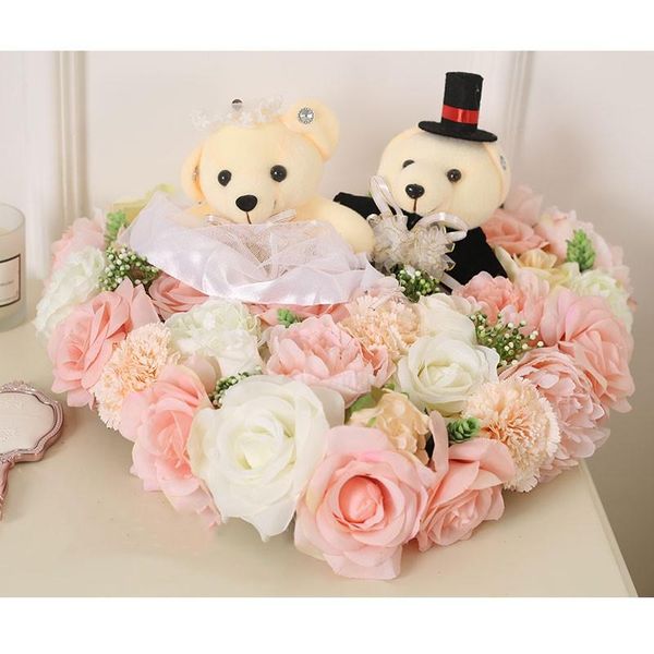 

16pcs/set wedding bear rose fake plants set silk fern artificial flower ribbon doll car flower decoration wedding heart supplies fkivm