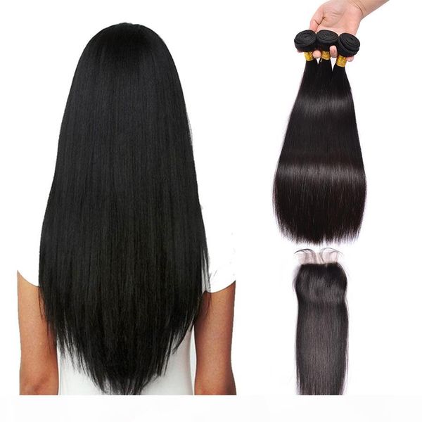 

brazilian indian straight virgin human hair weaves with closure unprocessed brazilian remy hair bundles and lace closures, Black;brown