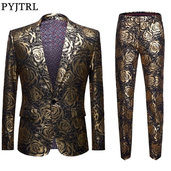 PYJTRL Brand New Tide Maschio Plus Size 5XL Motivo floreale oro Slim Fit Abiti da uomo con pantaloni Wedding Groom Tuxedo Singer Costume 201105