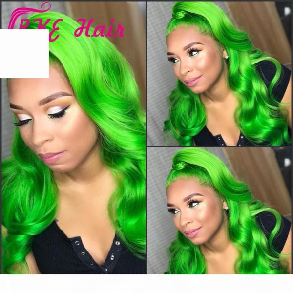

green lace front wig 26" long body wave wig heat resistant cosplay synthetic lace front wig for women, Black