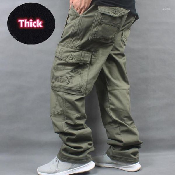 

winter baggy cargo pants men brushed trousers warm fleece thickened overalls multi-pocket straight slacks men's mens clothing1, Black