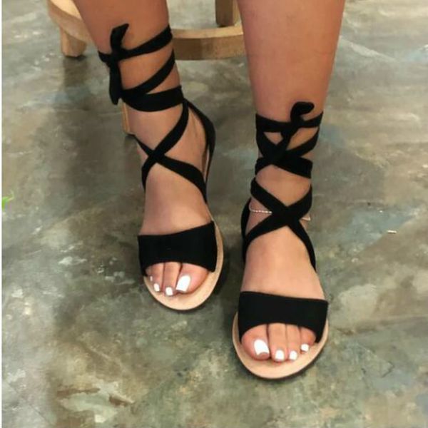 

cross ankle strap women sandals lace up new fashion solid flat with shoes woman large size 41 summer zapatos de mujer 1018, Black