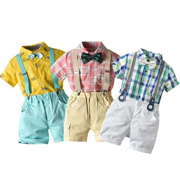 

2020 formal kids baby boys clothes gentleman sets bow tie t-shirt strap shorts 2pcs party outfits children boy summer sets 0-8y1, White